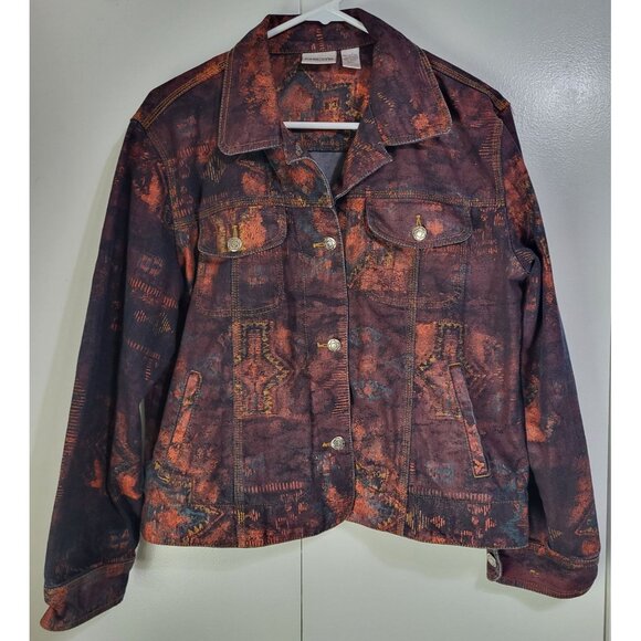 VTG Y2K Chico's SZ 1-US M Multicolor Acid Wash Denim Jacket Trucker Aztec - Picture 2 of 8